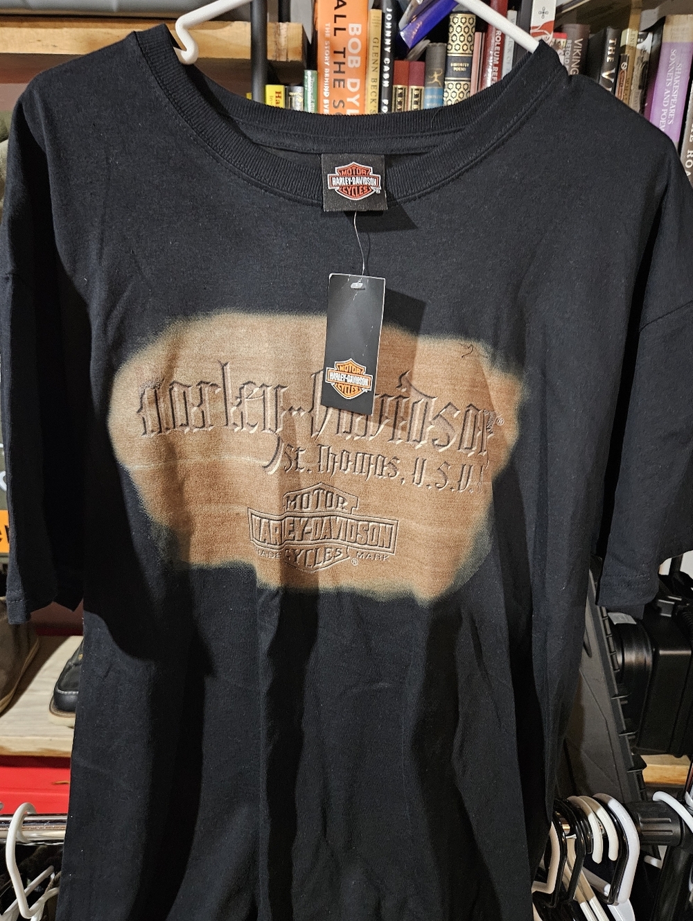 St Thomas Harley-Davidson Black Tee with Brown Distressed Logo Panel